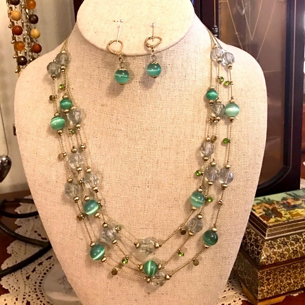 🔥Belk Green & Gold Necklaces Layers & Earrings Set Lot 💐🎁💍💐